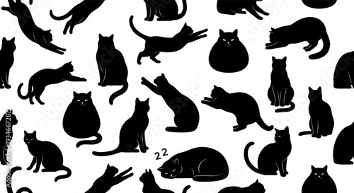 Black cat silhouettes on white background various feline poses silhouette