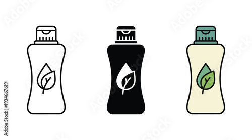 Eco Friendly Shampoo Bottles with Leaf Icons Isolated on White Background