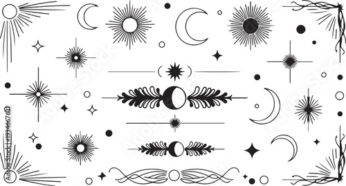 Celestial themed vector border featuring magical star accents, mystical moon details and astrology inspired symbols. Decorative ornamental divider with esoteric cosmic elements eps