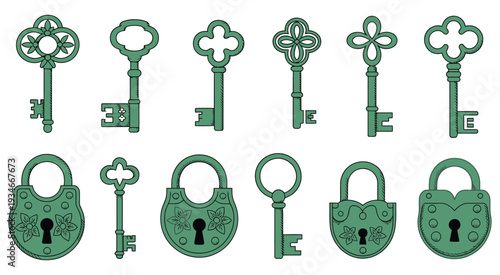 Collection of vintage green keys with ornate designs and intricate shapes, antique key set perfect for decoration, illustrations, posters, invitations, and creative design projects.