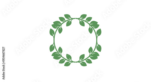 Green leafy wreath on a white background, circular arrangement of leaves, minimalist design element