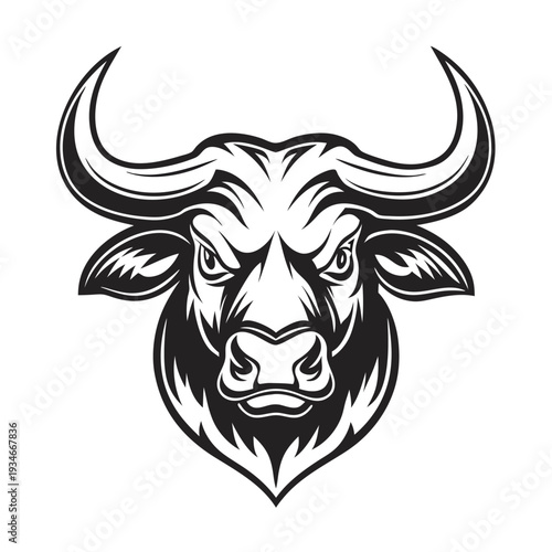 Intimidating black and white bull portrait displays fierce eyes and powerful horns clearly