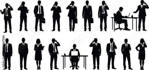 Business people silhouettes set, professional office workers in suits, corporate men and women working on laptops, isolated black figure collection.