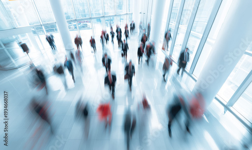 Group of people in business suits walking in large bright windows hall, view from above, blurred motion to emphasise rush and action. Generative AI