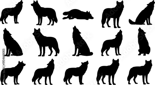 Collection of various wolf poses in silhouette against a white background showcasing different movements and behaviors in black silhouette