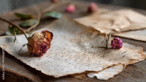 Sentimental Memoir: An evocative image of aged paper, adorned with delicate dried roses, creates a nostalgic ambiance.