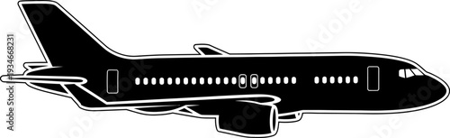 Silhouette of a commercial airplane in flight black shape on white background