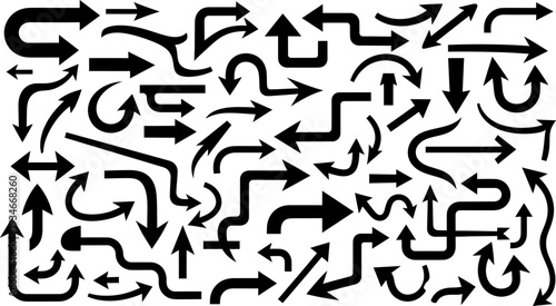 Confusing maze of arrows silhouette on white background