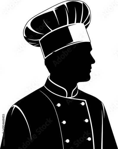 Silhouette of a chef in a toque and uniform professional kitchen staff silhouette