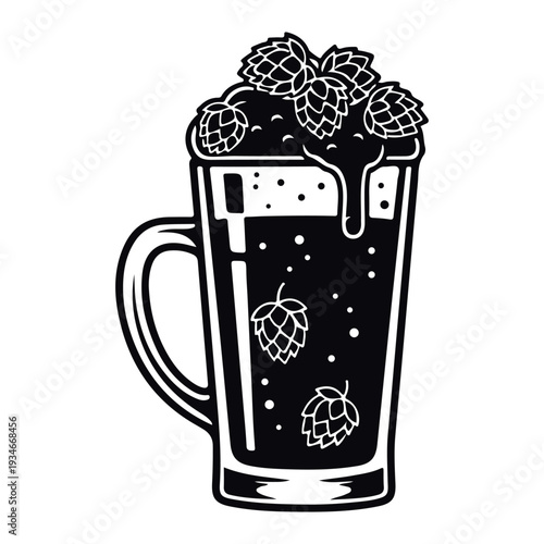 Dark beer with hops in a glass mug illustration