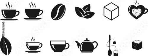 Coffee and Tea Icon Set Featuring Steaming Mugs Coffee Beans Tea Leaves Sugar Cubes Teapot Tea Bags and Heart Shaped Cups