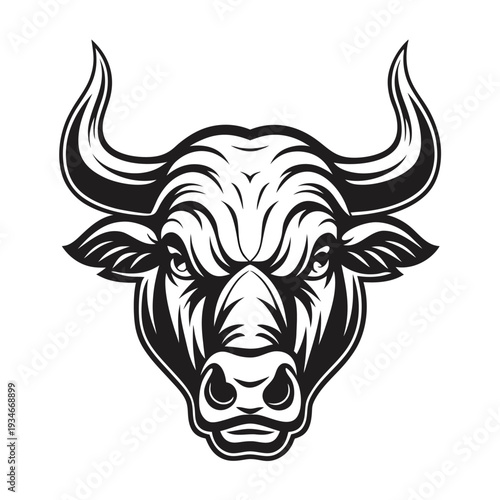 Intimidating black and white bull portrait displays fierce eyes and powerful horns clearly
