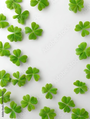 Fresh green shamrock leaves scattered on a white background with copy space in the center.