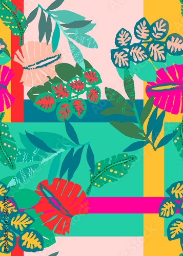Tropical seamless pattern. Watercolor colorful leaves orchid. Rose and dots pattern. geometric leaves.