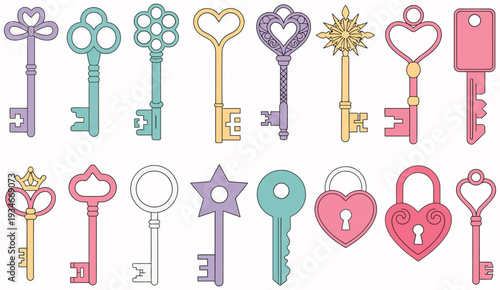 Vintage decorative keys vector set with heart, crown, star, and padlock shapes, colorful ornate styles, isolated on white background, perfect for illustrations, posters, invitations, and design projec