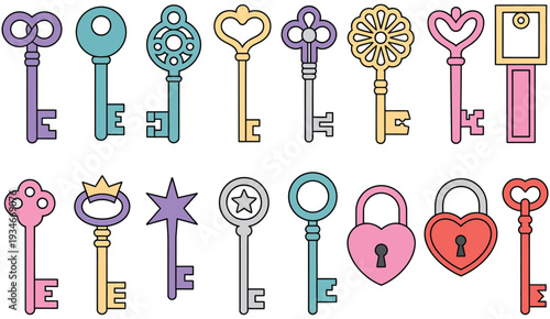 Vintage decorative keys vector set with heart, crown, star, and padlock shapes, colorful ornate styles, isolated on white background, perfect for illustrations, posters, invitations, and design projec