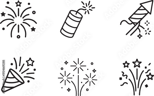 Tableau sur toile Festive fireworks outline icon set