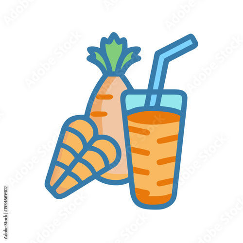 Illustration of fresh carrots and carrot juice in a glass with straw