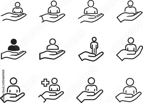 Patient support and employee help thin outline icon set. Safety client care vector EPS design.