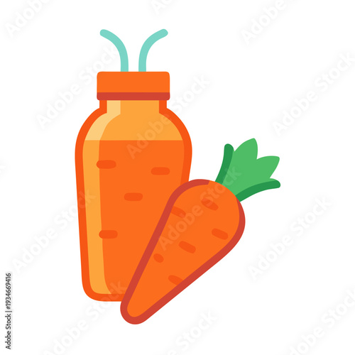 Fresh carrot juice bottle with carrot on black background flat illustration