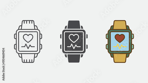 Smartwatch Heart Rate Monitor Icons in Various Styles Isolated on White Background