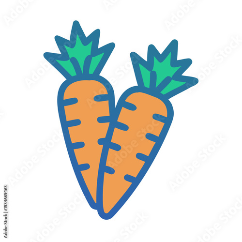 Two stylized carrots with green tops and orange bodies on black background
