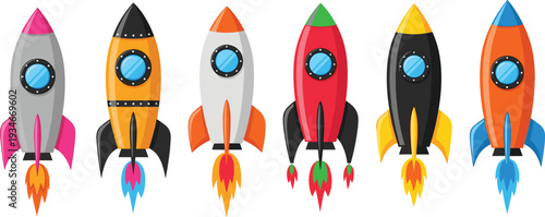 Colorful rocket ship vector set, cartoon space shuttle launching icons, galaxy exploration spaceship collection, flat design spacecraft isolated on white.