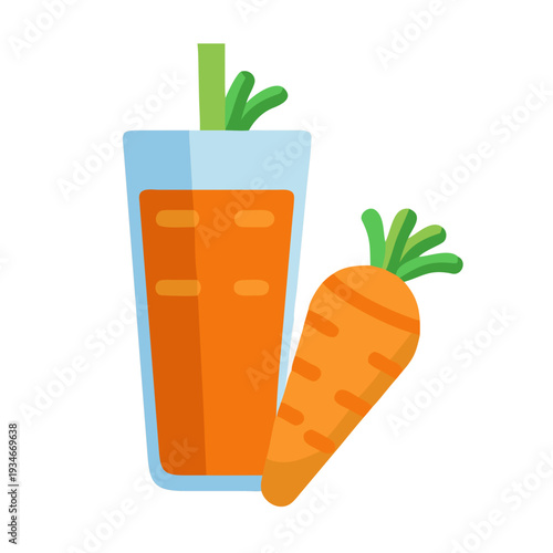 Vibrant carrot juice and a fresh carrot illustration against a solid background