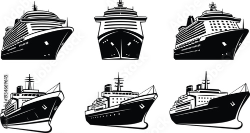 Cruise ship and ocean liner silhouettes set, luxury passenger vessel icons collection, nautical transport vector graphics, marine travel isolated icons.