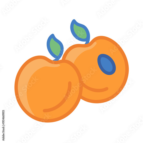 Two ripe peaches illustration with green leaves on a solid black background