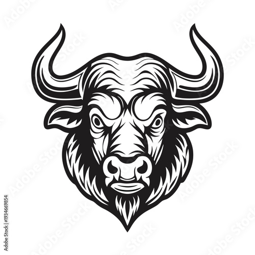 Intimidating black and white bull portrait displays fierce eyes and powerful horns clearly