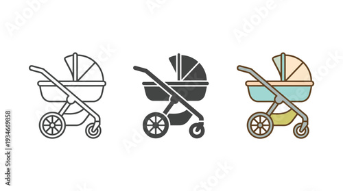 Baby Stroller Set with Different Styles Isolated on White Background