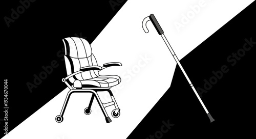 Chair And Cane In Monochrome Graphic Depicting Support And Assistance Concept