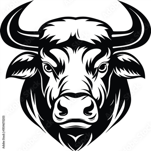 Intimidating black and white bull portrait displays fierce eyes and powerful horns clearly