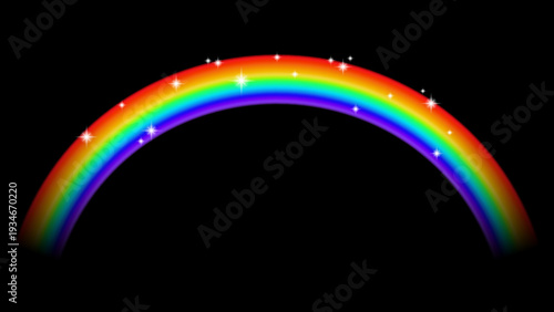Magical rainbow arch with glowing light effects and glittering white stars scattered across a vibrant color spectrum on a black background