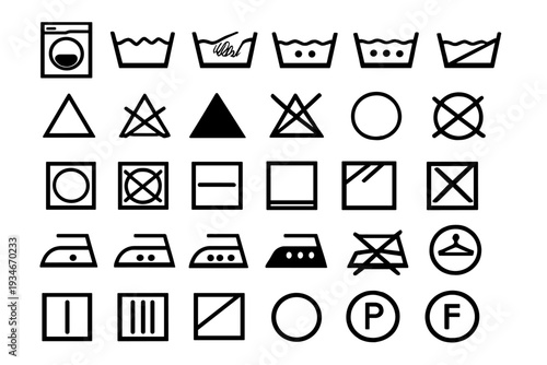 Care symbols for clothing maintenance including washing ironing and