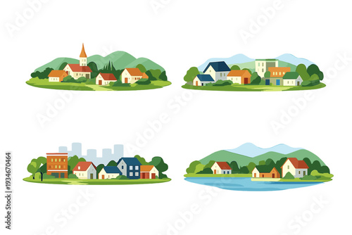 Views of different types of communities with houses greenery and water