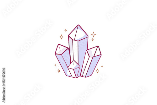 Crystals arranged in a group with sparkles surrounding them on a plain