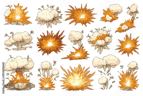 Various explosions with cloud formations and bright flashes captured