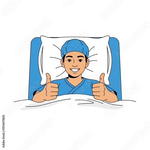 Cheerful Patient in Hospital Bed Gives Thumbs Up Sign Indicating Successful Recovery Process