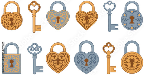 Vintage ornate lock and key vector set featuring gold and silver heart-shaped padlocks and decorative skeleton keys, perfect for illustrations, posters, invitations, and creative design projects.