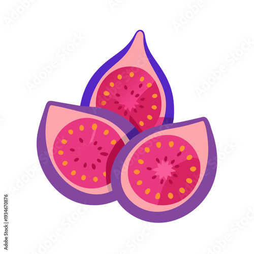 Graphic depiction of sliced figs with visible seeds and vivid color palette