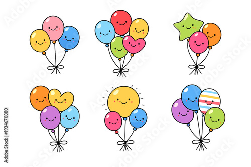 Colorful balloons with smiling faces gathered in groups for