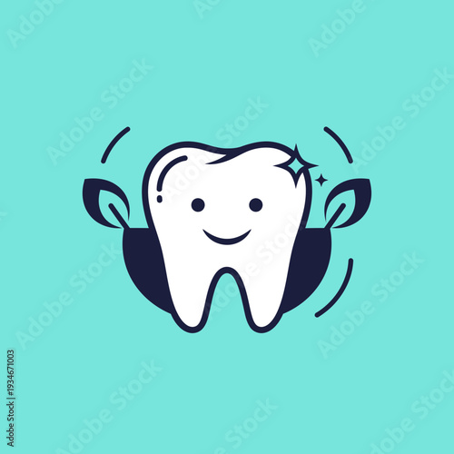 Cheerful Tooth Logo Depicting Oral Hygiene With Botanical Elements And Sparkle Effect