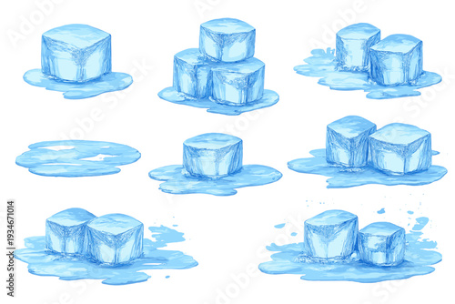 Ice cubes melting and forming puddles on a simple white background in