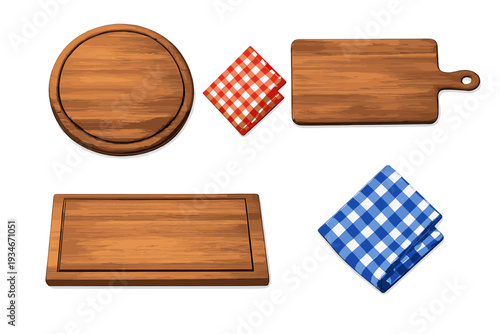Different kinds of wooden kitchen boards and checkered cloths arranged