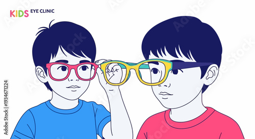 Children Examining Glasses Depicting Good Vision In An Optometrist Clinic