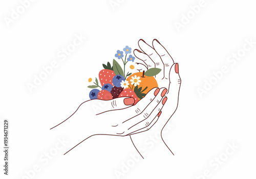 Hands Holding a Variety of Berries and Flowers.