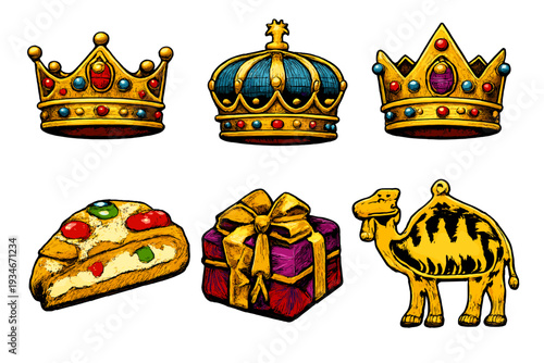 Different crowns a piece of cake a gift box and a striped camel in a