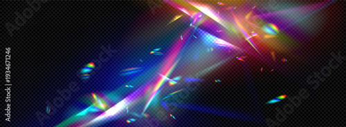 Realistic rainbow prismatic light effect on dark transparent background. Colored lens flare and light refraction effect.